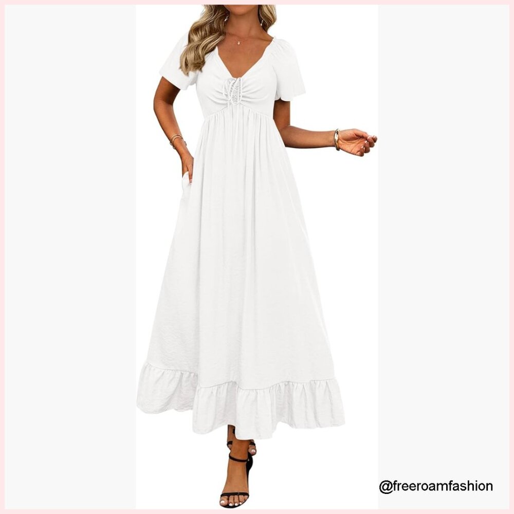 Maxi Dress With Pockets, V-Neck, Short Sleeve, Smocked Back, Drawstring Bust